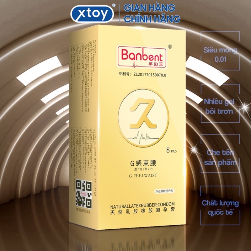 Bao cao su BANBENT G feelwaist 001 Đặc biệt, Gấp 3 lần gel, hương vani, gai gân thắt kéo dài thời gian, hộp 8 bcs