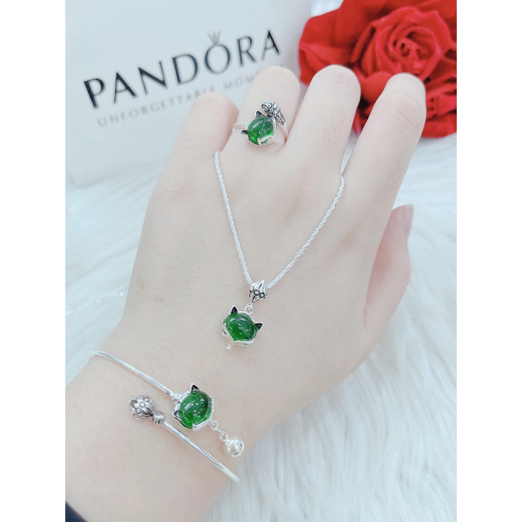 Bộ trang sức bạc hồ ly gắn đá phong thủy gồm 3 món, Dây chuyền, Lắc tay, Nhẫn - Trang sức bạc Evasilver