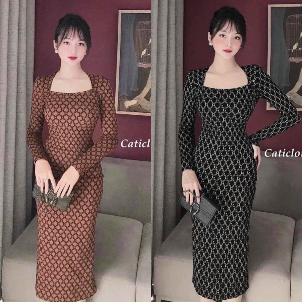 Đầm ôm body cổ u dáng dài họa tiết sang chảnh, đầm ôm