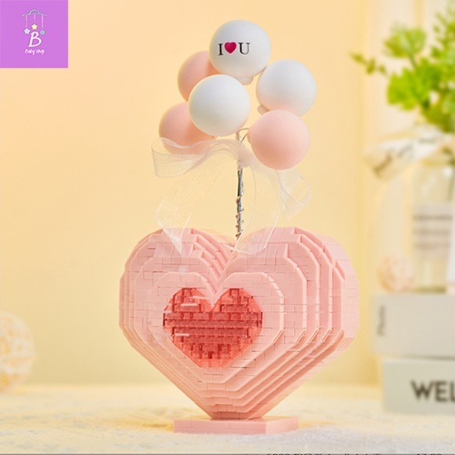 Bộ Đồ Chơi Xếp Hình Lắp Ghép Tim Hồng Bong Bóng Có Đèn Dể Thương Quà Tặng Sinh Nhật-Trang Trí- Trưng Bày