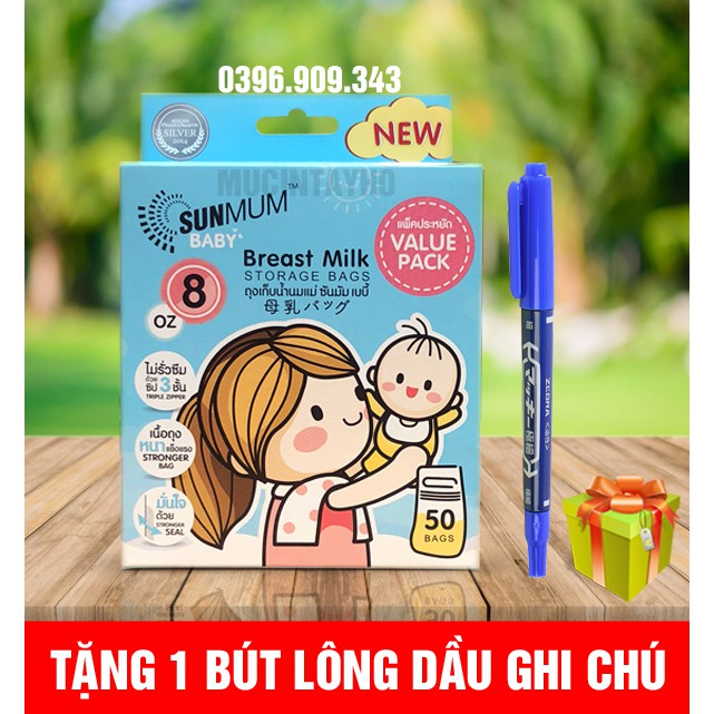 [ Tặng 1 bút ghi chú] Túi trữ sữa sunmum 50 Thái Lan 250ml - 3 khoá zip chống tràn - Free BPA an toàn cho bé