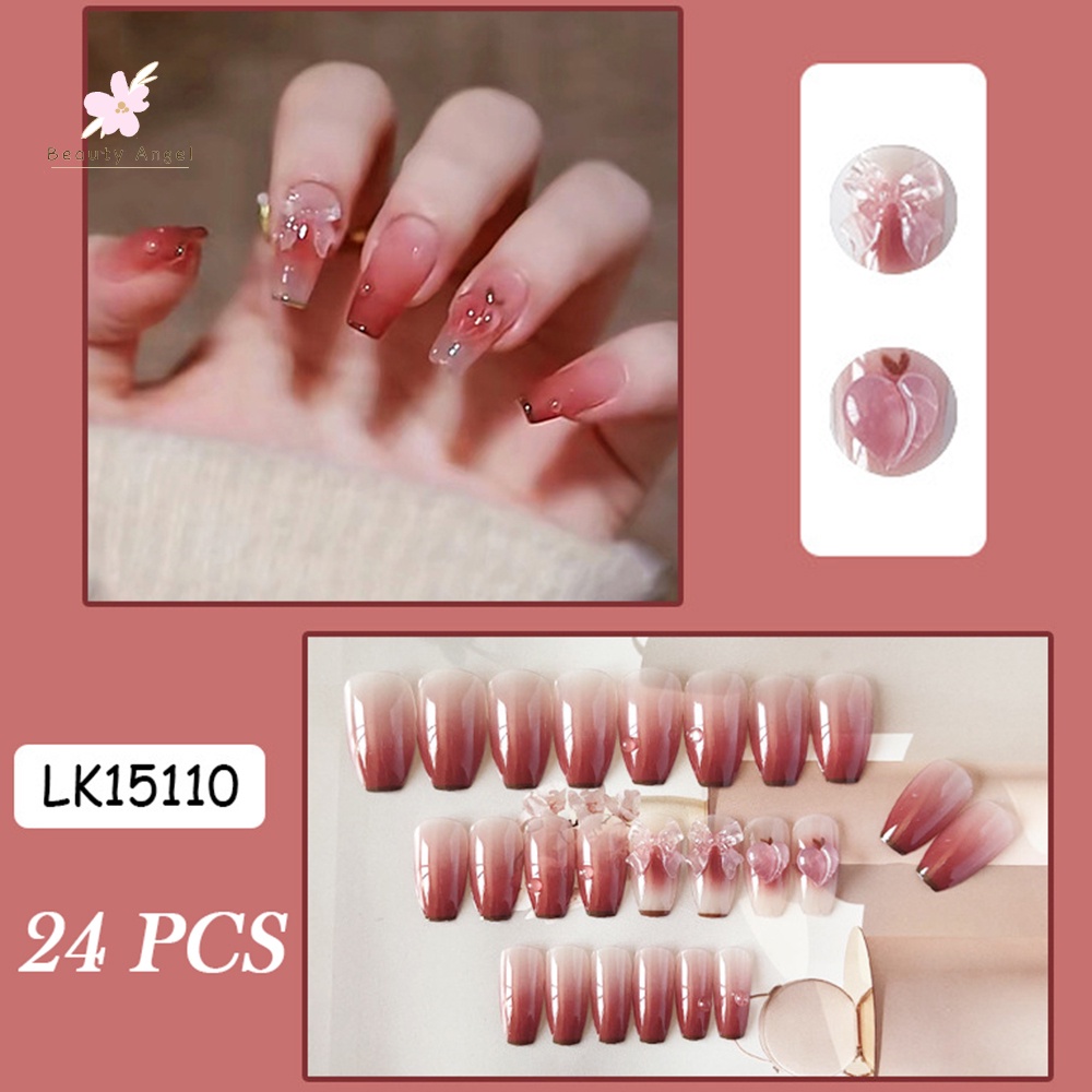 Bộ 24 Móng Tay Giả Trang Trí Nơ Hồng Xinh Xắn Cho Nữ