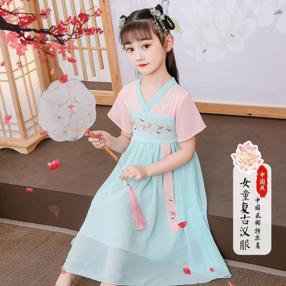 Cô gái hanfu mùa hè phong cách trung quốc váy cổ tích cô gái nhỏ váy voan cổ váy công chúa