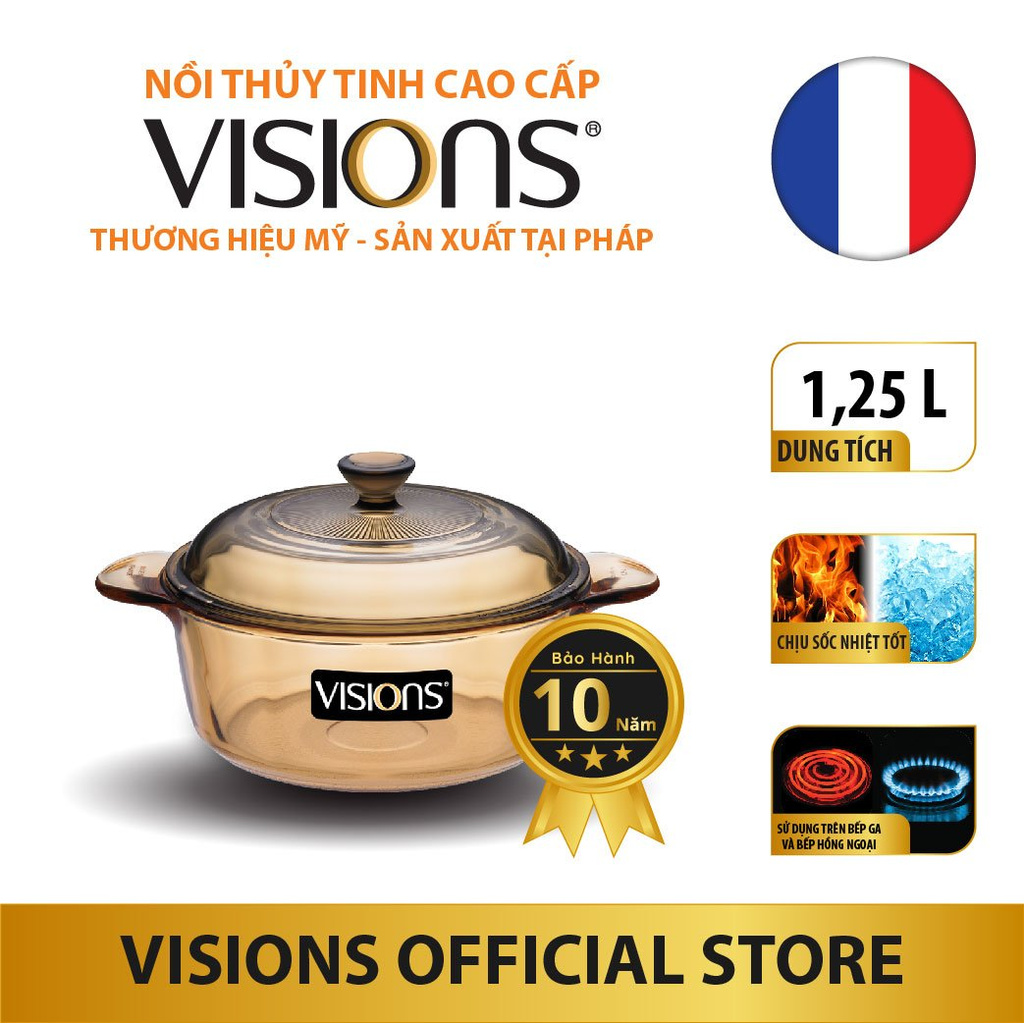 Nồi thủy tinh Visions VS-12 1.25L - Kích thước 18cmx7cm - Bảo Hành 10 năm - Xuất xứ từ Pháp - Hàng chính hãng