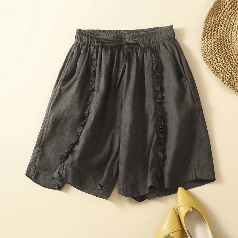 Quần Short 100% Cotton Lanh Ống Rộng Thoáng Khí Thời Trang Mùa Hè Cho Nữ