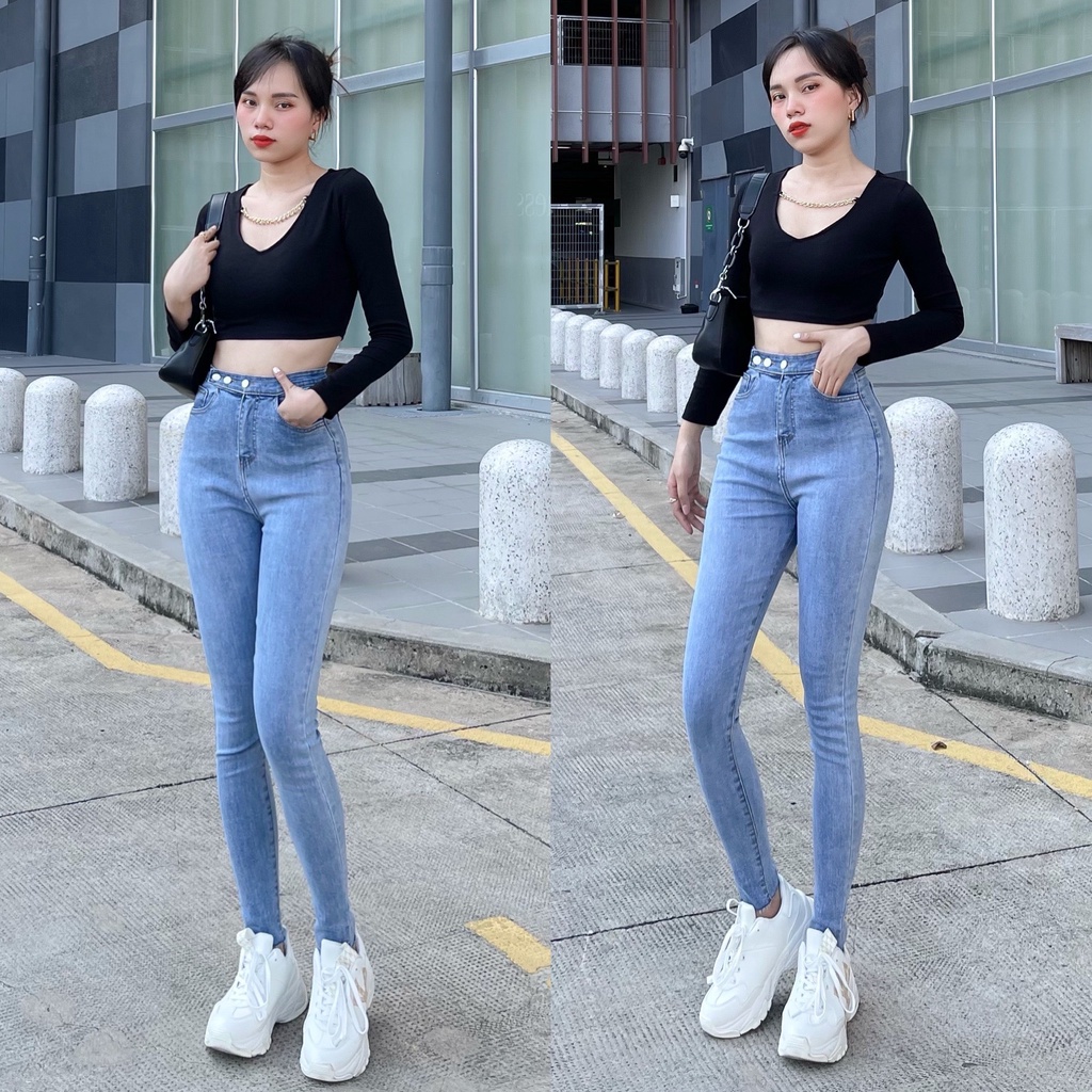 Quần Jeans Nữ Lưng Cao Siêu Co Gĩan  Cạp 3 nút Chuẩn Xịn Maika-Jeans (Hình thật shop chụp kèm video)