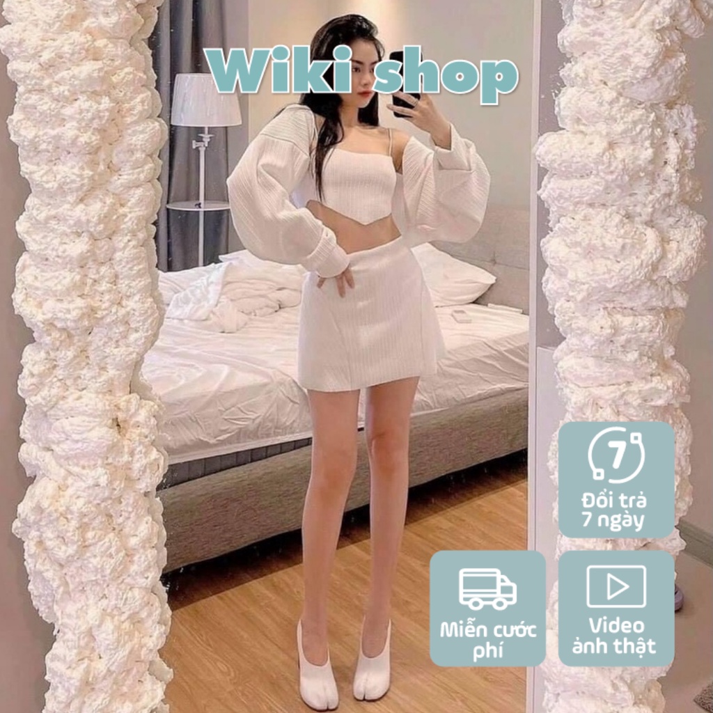 Set váy 3 món trắng freesize áo hay dây mix áo khoác lửng dài tay chân váy chữ A sexy hàn quốc wikishop