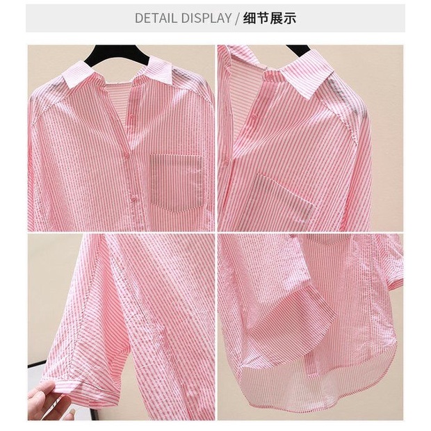 Áo Sơ Mi 100% cotton Tay Cánh Dơi Có Túi Họa Tiết Kẻ Sọc Màu Hồng Thời Trang Cho Nữ