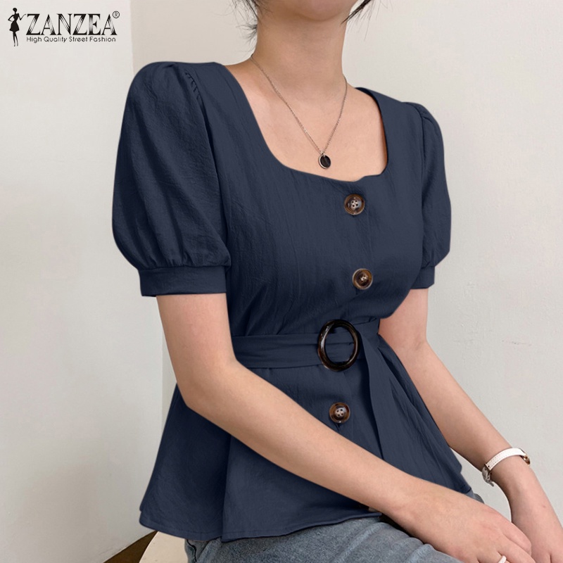 Zanzea Áo Kiểu Tay Phồng Ngắn Cổ Vuông Kèm Thắt Lưng Phong Cách Hàn Quốc Thời Trang Cho Nữ