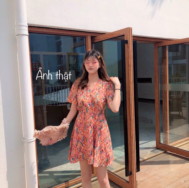 VÁY MORAN HOA NHÍ ORANGE CỔ V