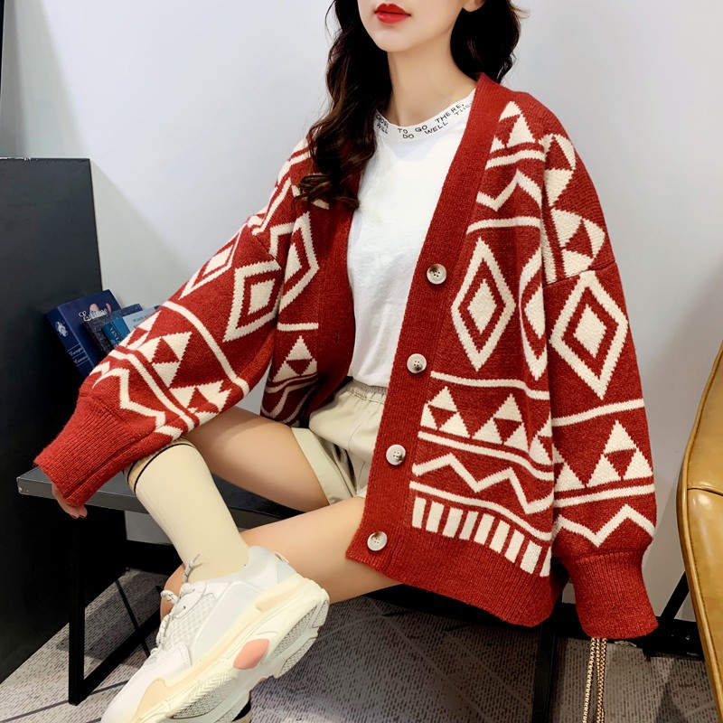 Áo Cardigan Dệt Kim Tay Dài Cổ Chữ V Hoạ Tiết Hình Học Xinh Xắn Cho Nữ