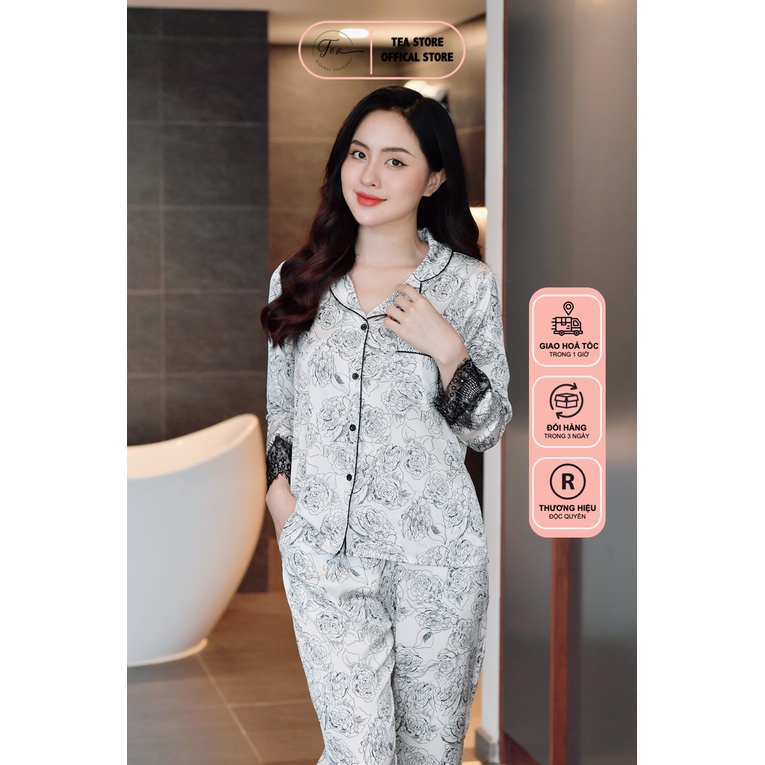 Bộ mặc nhà pyjama lụa cao cấp Tea Store tay dài quần dài họa hoa trà đáp ren sang trọng