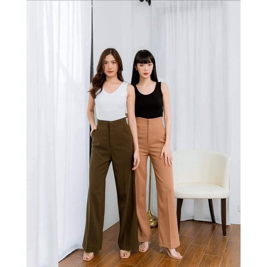 (HÌNH THẬT+VIDEO) Quần suông cạp lưng cao khóa trước 2 cúc màu trắng đen - quần tây nữ ống rộng siêu hách dáng | BigBuy360 - bigbuy360.vn