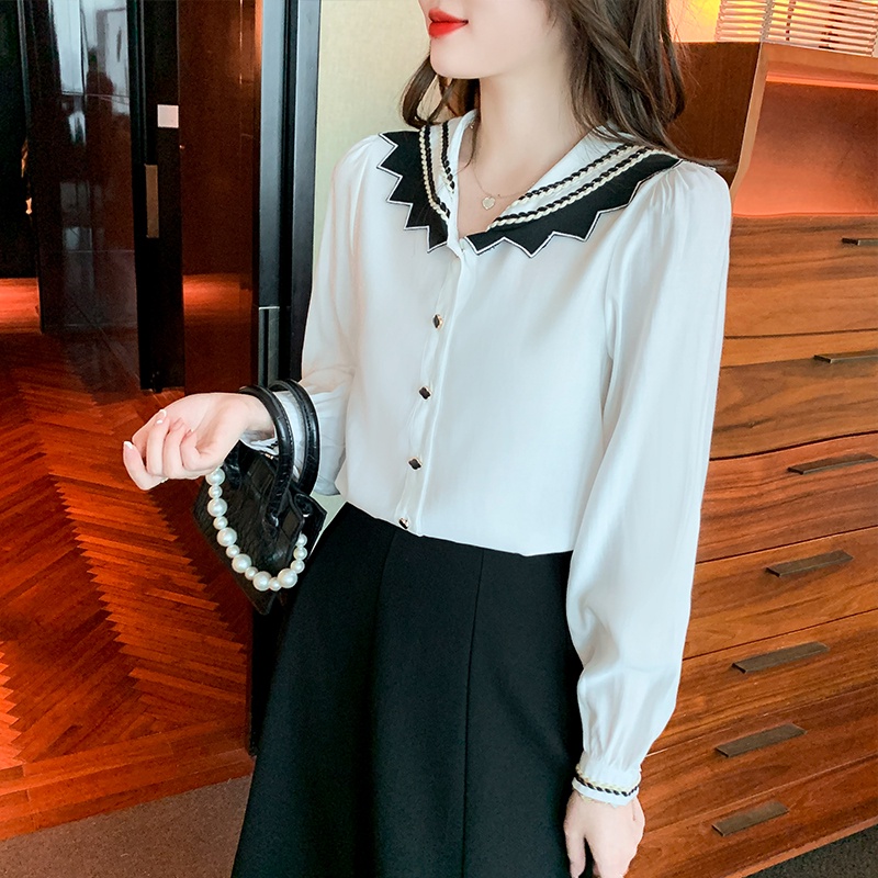 Áo Sơ Mi Tay Dài Cổ Thủy Thủ Màu Trắng Đen Thời Trang Xuân Thu Phong Cách Hàn Quốc Cho Nữ