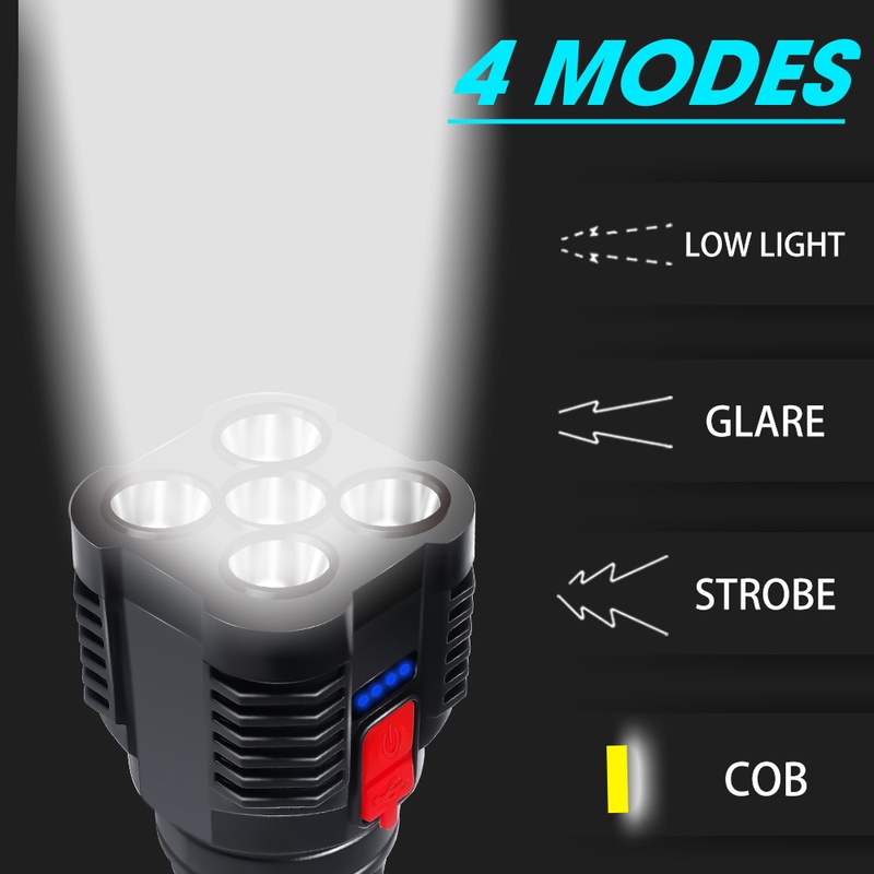 Đèn Pin 5 Bóng Led 4 Chế Độ Sáng Chống Thấm Nước Có Thể Sạc Lại Bằng Cổng USB Dùng Cho Trường Hợp Khẩn Cấp