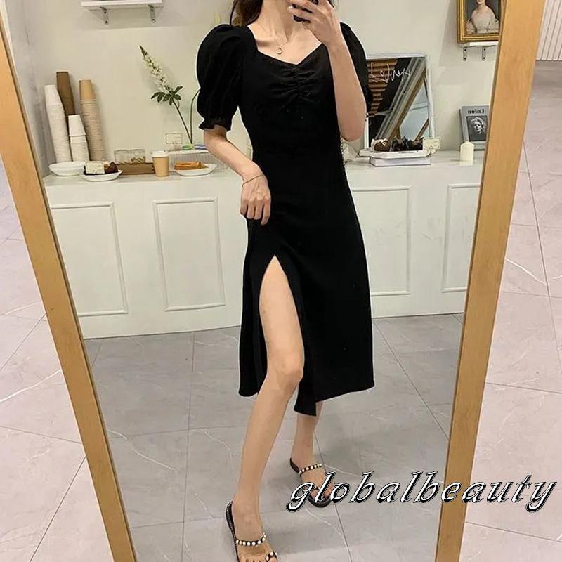 Đầm Chữ A Tay Phồng Ngắn Cổ Chữ V Màu Trơn Thời Trang Mùa Hè Cho Nữ Đen