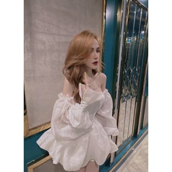 Áo bẹt vai tiểu thư tay phồng dáng babydoll chất tơ nhũ - T0U