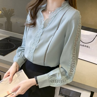 Áo sơ mi nữ tay dài phối ren thanh lịch