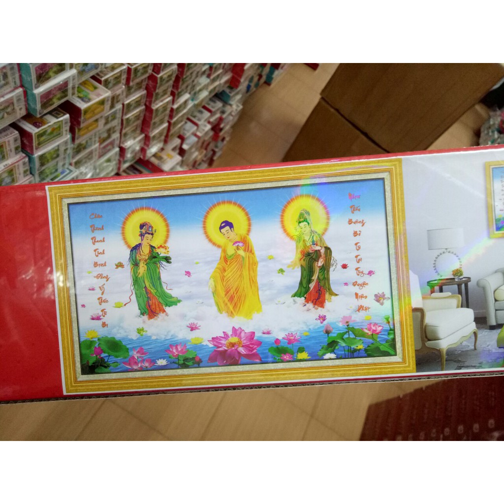 tranh đính đá nhà phật tây phương tam thánh kt 130x75cm