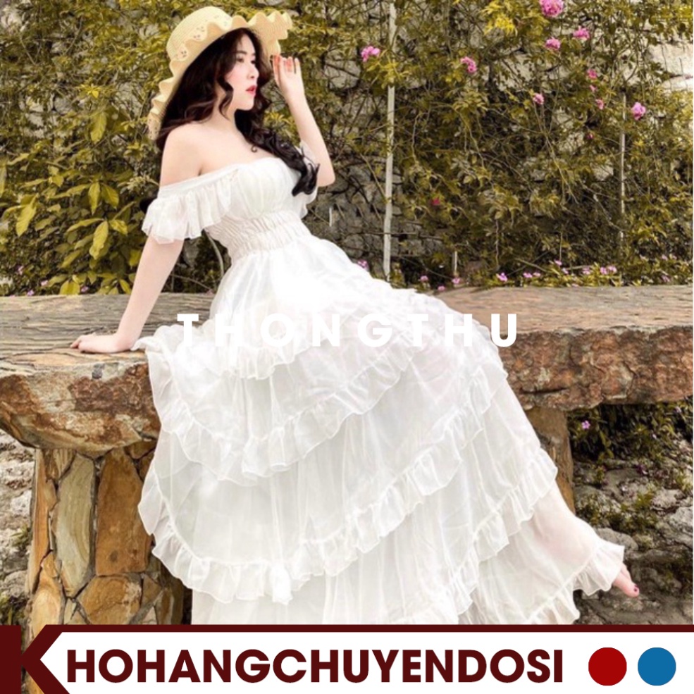 Đầm Trắng Công Chúa nhiều tầng ,hở vai 2 dây dáng xòe ,Váy Maxi thiết kế trễ vai sang trọng Vintage Tiểu Thư ,THONGTHU