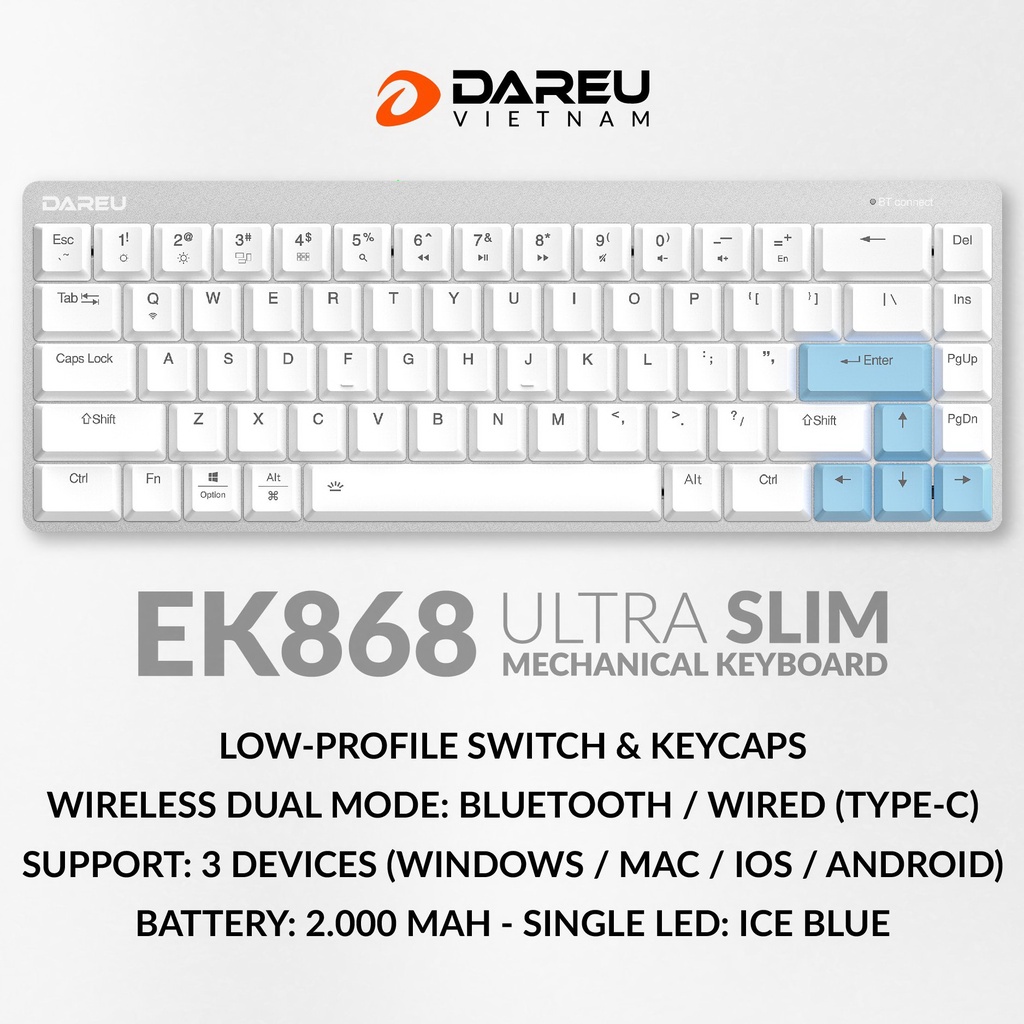 Bàn phím cơ không dây DAREU EK868 WHITE 68KEY- bluetooth (SLIM, D-KAILH switch)