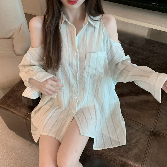 Áo Kiểu Dài Tay Trễ Vai Họa Tiết Kẻ Sọc Thiết Kế Mới Thời Trang Cho Nữ