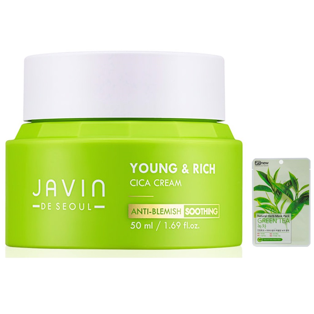 Kem chống nhăn, tái tạo và trẻ hóa da Young & Rich Cica Cream Javin De Seoul Hàn quốc 50ml/Hộp Và 1 mặt nạ trà benew 22g