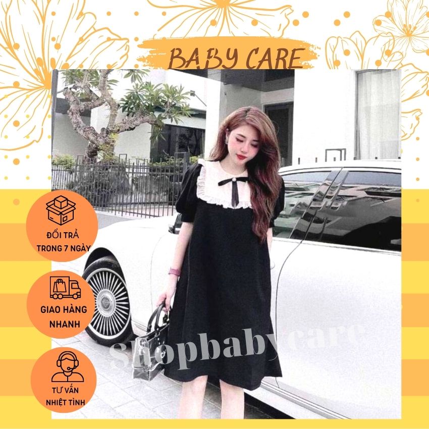 VÁY BẦU TIỂU THƯ THIẾT KẾ CỔ BÈO ĐÍNH NƠ- ĐẦM BẦU BABYDOLL THỜI TRANG HÀN QUỐC
