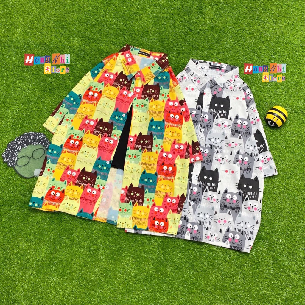 Áo Sơ Mi Họa Tiết Con Mèo May Mắn Tay Lỡ Dáng Rộng Ulzzang Unisex, Sơ Mi Đi Biển - MM