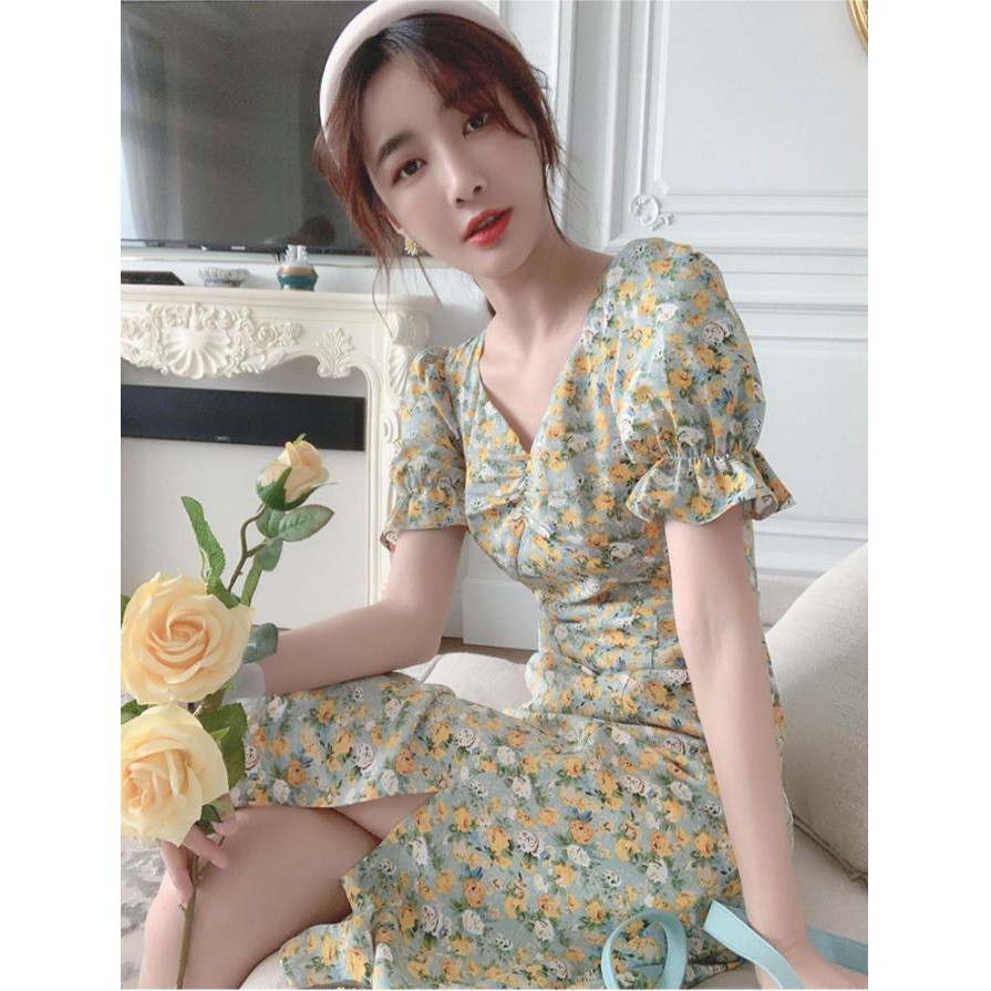 [SALE CHÀO  HÈ] Váy voan hoa nhí xanh cổ chữ V kiểu Pháp xinh nhẹ nhàng | BigBuy360 - bigbuy360.vn