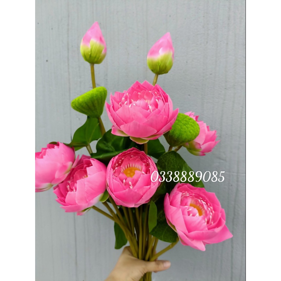 Hoa Giả - Cành sen Thái 3 bông, 1 nụ, 1 đài cao cấp trang trí - Ảnh thật + video