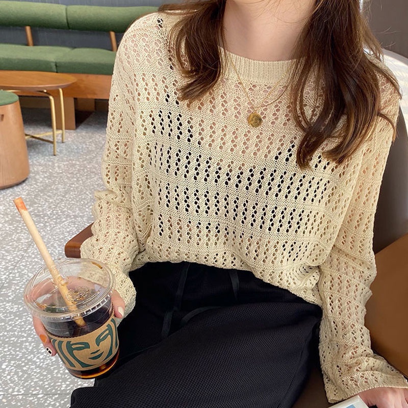 Áo kiểu XINLANYASHE dệt kim mỏng tay dài chống nắng dáng rộng khoét rỗng màu trơn cho nữ