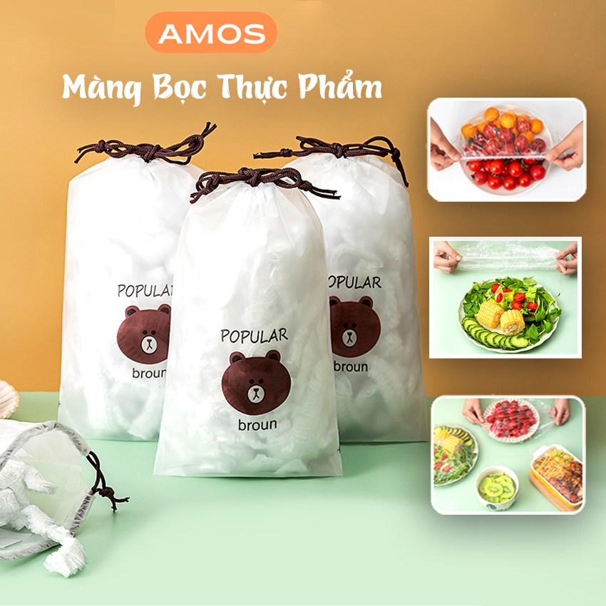 Màng bọc thực phẩm AMOS co giãn siêu dai có chun hình gấu túi 100 chiếc