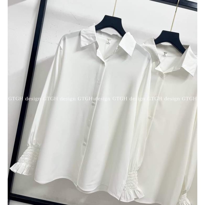 Áo sơ mi trắng nữ đi học tay dài bo chun, cổ bẻ trơn basic - sơ mi trắng học sinh Kanimi | BigBuy360 - bigbuy360.vn