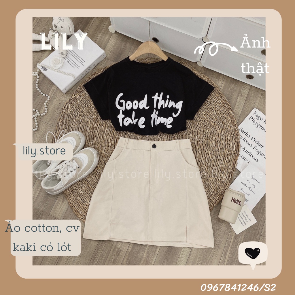 Set đồ nữ, Set áo phông mix chân váy chữ a kaki trẻ trung năng động size XS,S, M S2 LILY