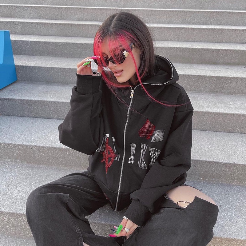 Áo Khoác Hoodie Có Khóa Kéo Đính Đá Hình Bộ Xương Y2K Thời Trang Mùa Thu 2023 Phong Cách Goth Cho Nam Và Nữ Y2K