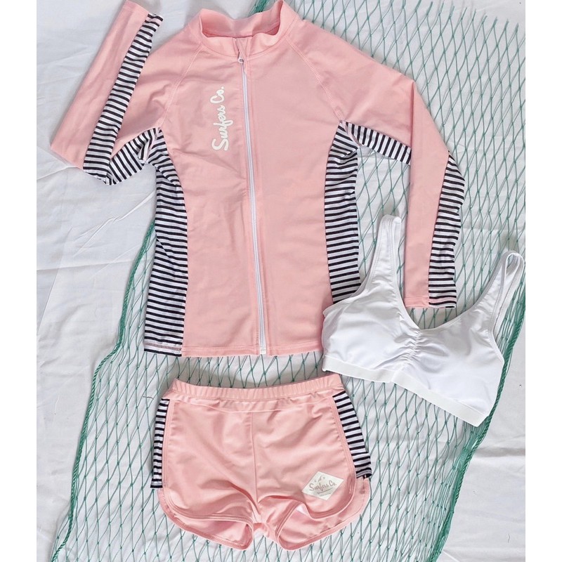 Bộ đồ bơi dài tay nữ 3 mảnh áo khoác sọc sườn quần đùi siêu đẹp | BigBuy360 - bigbuy360.vn