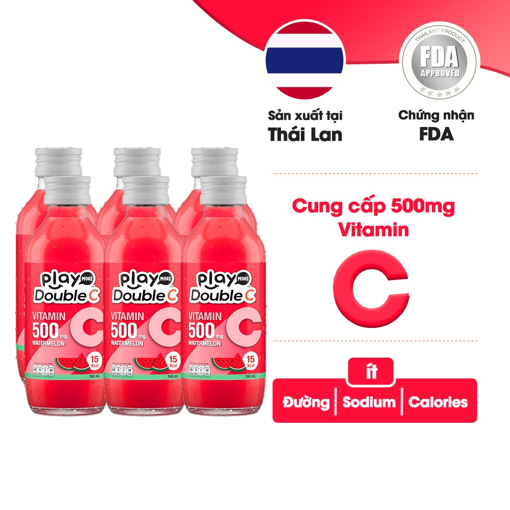 Lốc 6 chai nước giải khát vitamin C vị dưa hấu Playmore Double C Thái Lan 160ml/chai