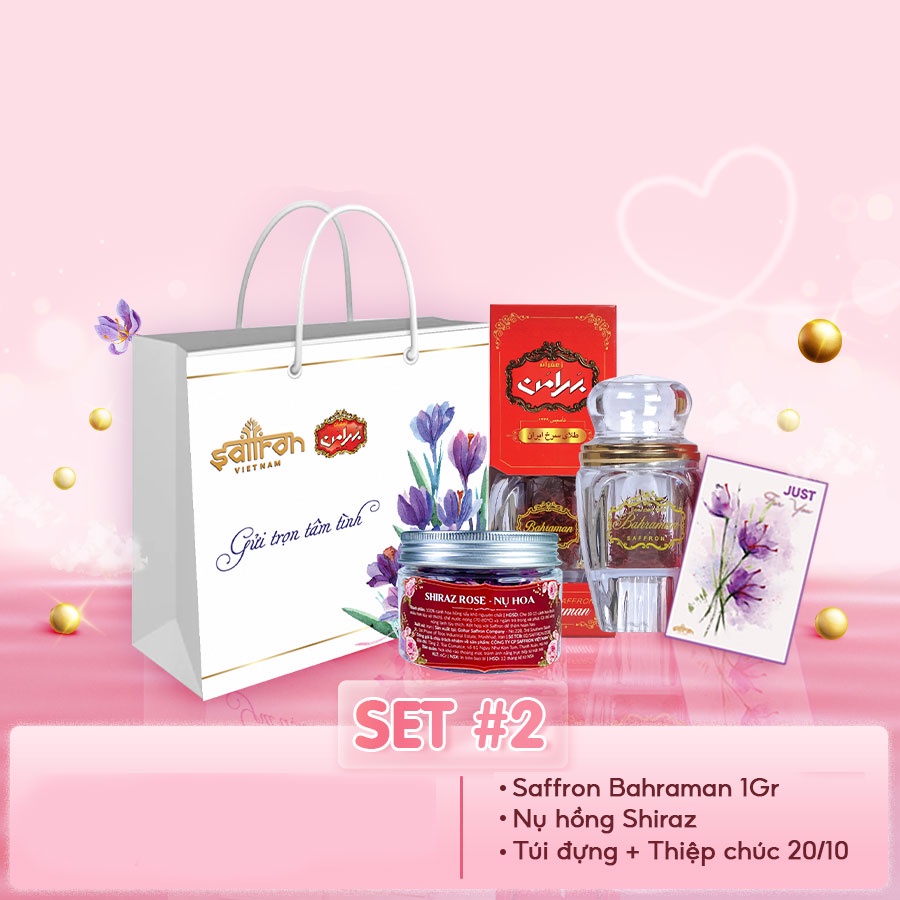 Set quà tặng Saffron Bahraman hộp 1gr + trà nụ hồng (gồm túi giấy đựng + thiệp)