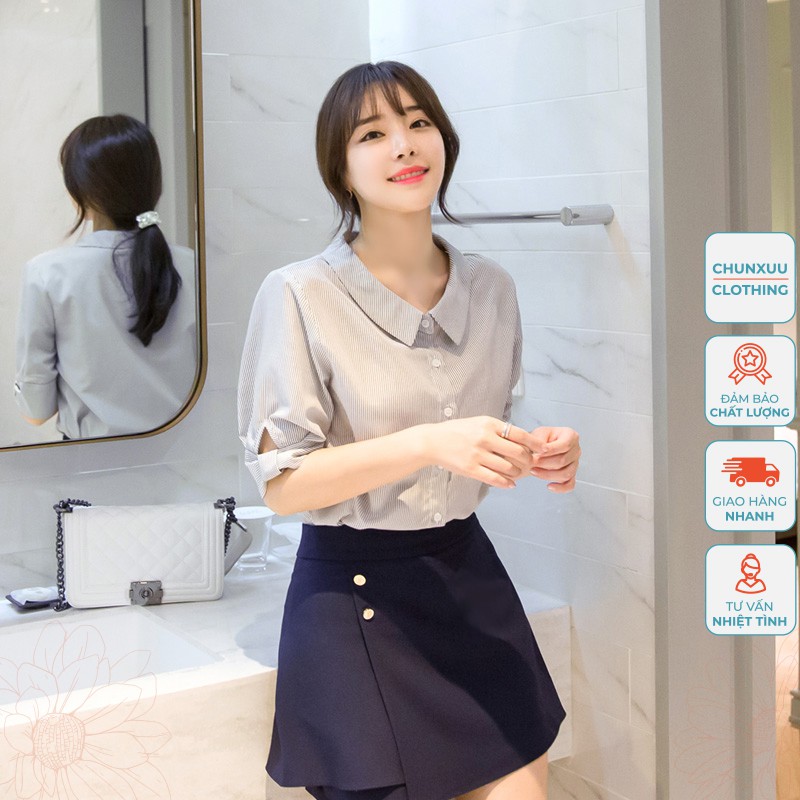 Áo sơ mi nữ công sở Chunxuu cổ sen tay lỡ sọc kẻ thời trang chất vải Kate cao cấp - BS11