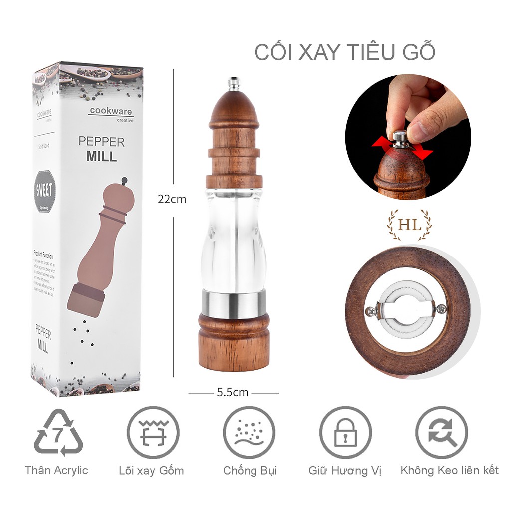 DỤNG CỤ XAY TIÊU CẦM TAY GỖ THÂN NHỰA ACRYLIC LÕI XAY BẰNG GỐM | CỐI XAY TIÊU - MUỐI HẠT CAO CẤP LÕI GỐM