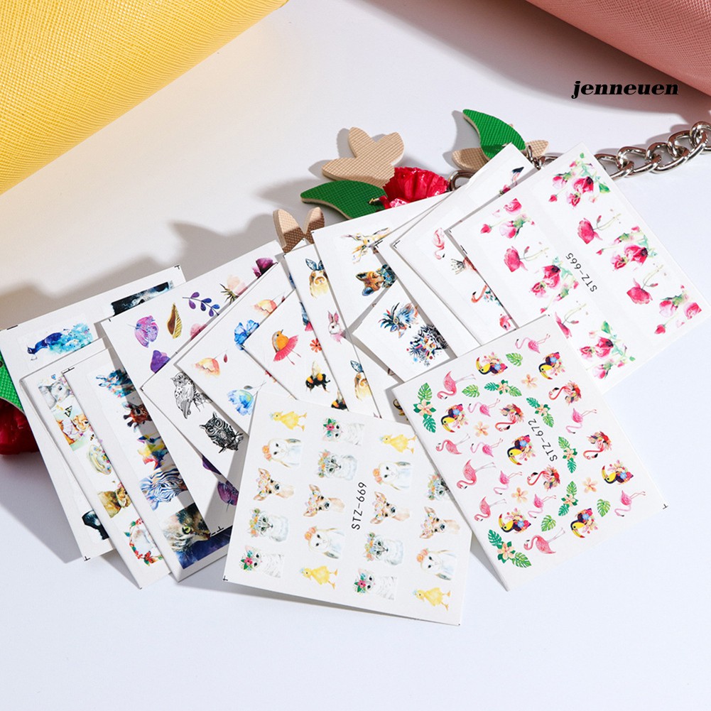 [Hàng mới về] Bộ 15 tờ miếng dán trang trí móng tay nghệ thuật chuyển nước họa tiết hoa và chim hồng hạc xinh xắn