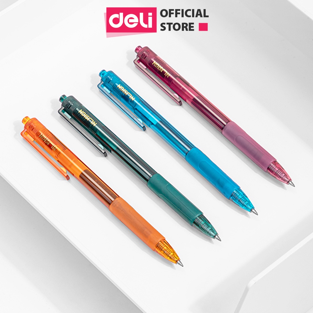 Bút bi gel đầu bấm mực đen Deli - ngòi 0,5 mm - dùng văn phòng - Xanh dương/Xanh lá/Cam/Hồng - 1 chiếc - NS561