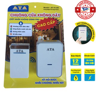Chuông cửa đơn không dây cao cấp ATA AT-915M chống nước, xuyên vật cản 30-40m nút nhấn không dùng pin , chống nước