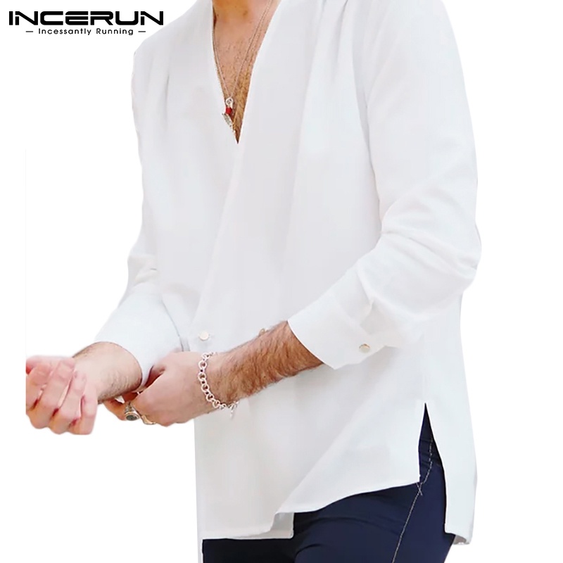 Áo sơ mi INCERUN tay dài cổ chữ V thời trang cho nam
