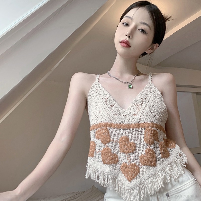 Áo Tank Top Cổ Chữ V Thêu Họa Tiết Trái Tim Phối Tua Rua Thời Trang Cho Nữ