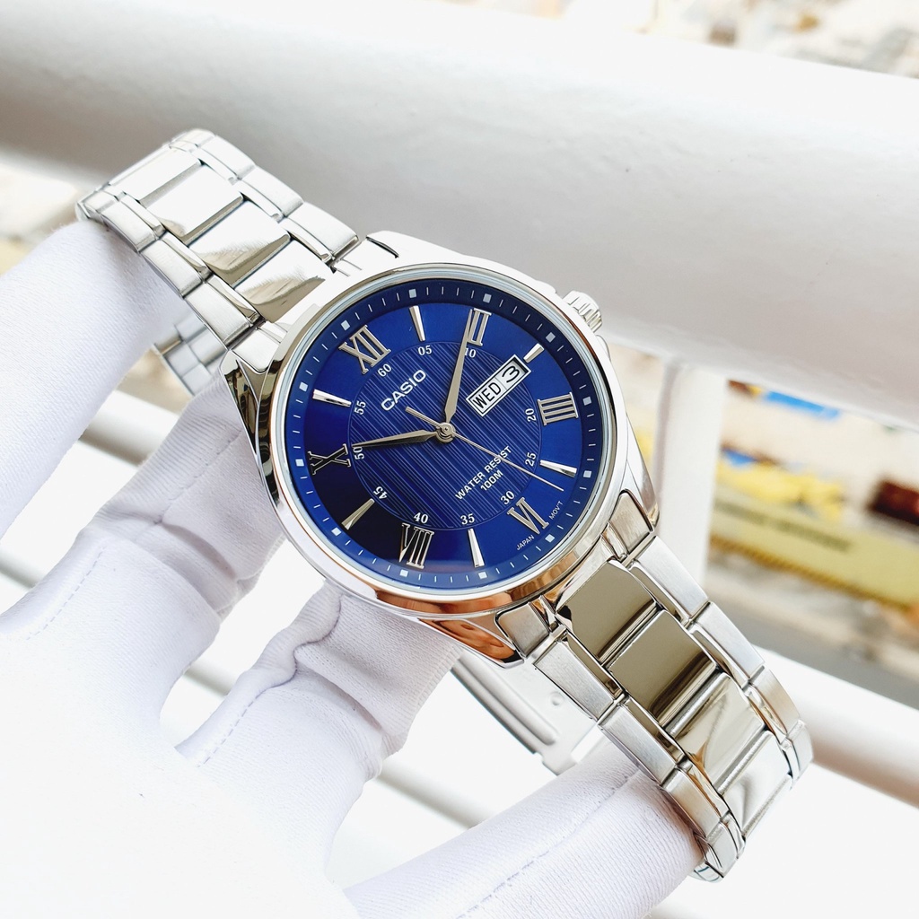 Đồng hồ Nam Casio MTP-1384D-2AV, đồng hồ chính hãng, dây bạc mặt xanh
