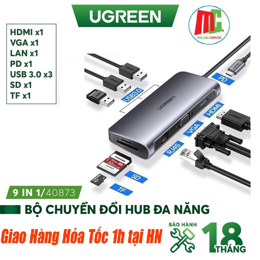 Cáp Chuyển USB Type-C Sang HDMI/Hub USB 3.0/SD/TF/Lan Gigabit Ugreen 50538 - Hàng Chính Hãng
