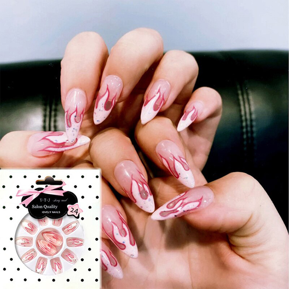 EMILEE💋 24Pcs/Box Stiletto Flame False Nail Tips Beauty Tools Full Cover Coffin Fake Nails DIY Ballerina UV Gel Acrylic Manicure