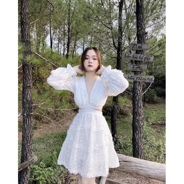 Đầm lông trắng tay dài khoét/cut eo hở lưng độc lạ sang trọng, đầm váy ngắn xoè tiểu thư công chúa hot girl dễ thương
